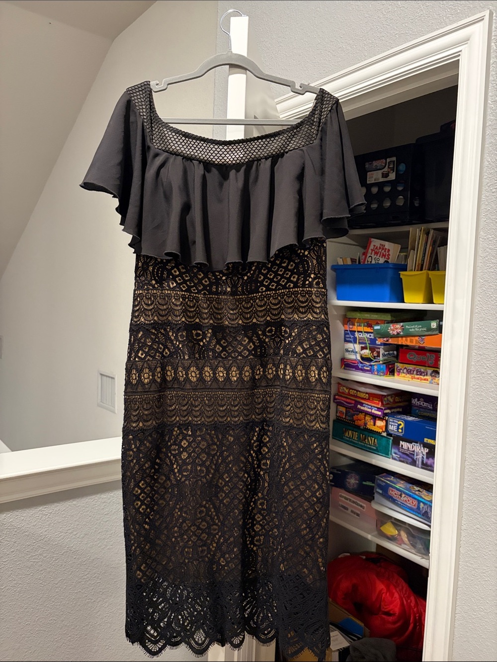 Black Lace Midi Dress with Ruffle Yoke